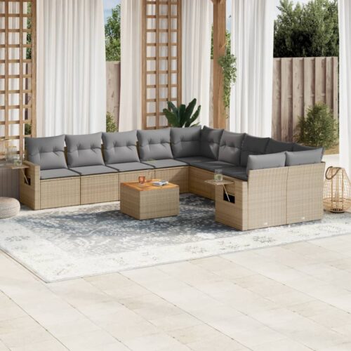 11-Piece Garden Sofa Set with Cushions Mix Beige Poly Rattan Wicker Outdoor Patio Furniture - Image 2