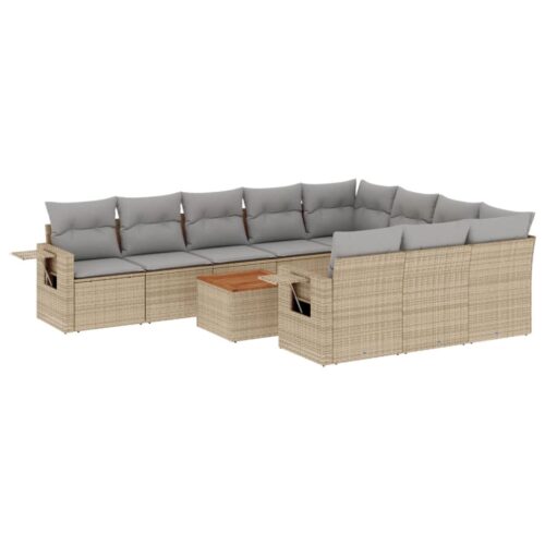 11-Piece Garden Sofa Set with Cushions Mix Beige Poly Rattan Wicker Outdoor Patio Furniture