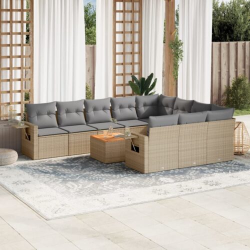 11-Piece Garden Sofa Set with Cushions Mix Beige Poly Rattan Wicker Outdoor Patio Furniture - Image 2