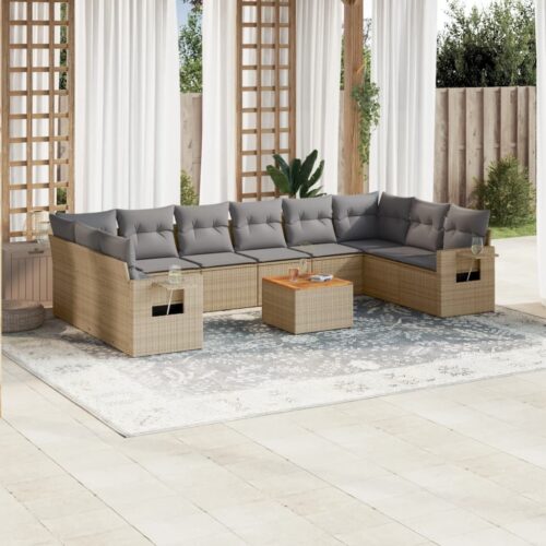 11-Piece Garden Sofa Set with Cushions Mix Beige Poly Rattan Wicker Outdoor Patio Furniture - Image 2