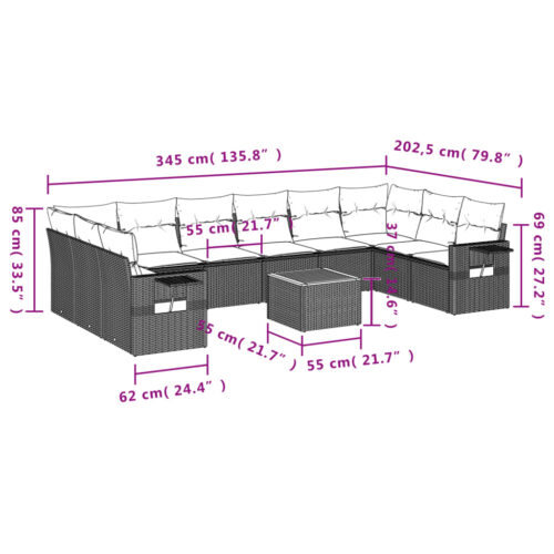 11-Piece Garden Sofa Set with Cushions Mix Beige Poly Rattan Wicker Outdoor Patio Furniture - Image 3