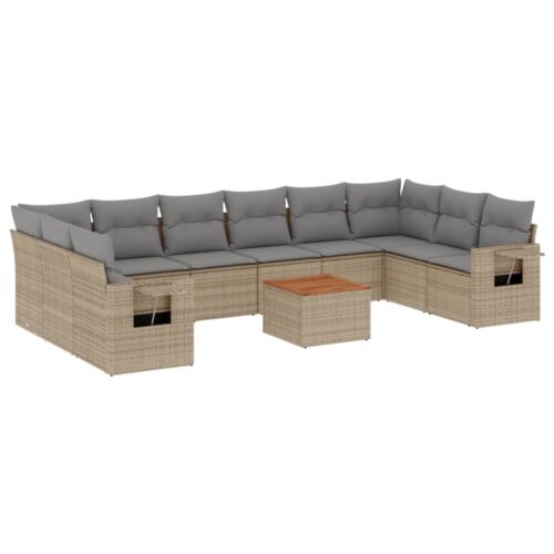 11-Piece Garden Sofa Set with Cushions Mix Beige Poly Rattan Wicker Outdoor Patio Furniture - Image 5