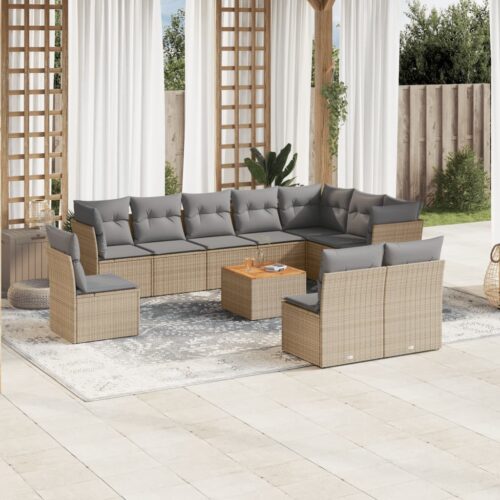 11-Piece Garden Sofa Set with Cushions Mix Beige Poly Rattan Wicker Outdoor Patio Furniture - Image 2