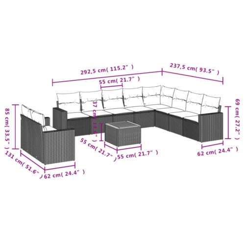 11-Piece Garden Sofa Set with Cushions Mix Beige Poly Rattan Wicker Outdoor Patio Furniture - Image 12