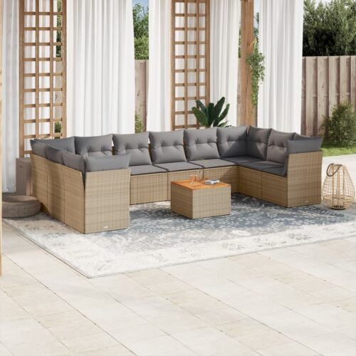 11-Piece Garden Sofa Set with Cushions Mix Beige Poly Rattan Wicker Outdoor Patio Furniture - Image 2