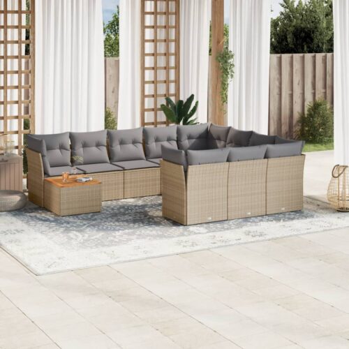 11-Piece Garden Sofa Set with Cushions Mix Beige Poly Rattan Wicker Outdoor Patio Furniture - Image 2