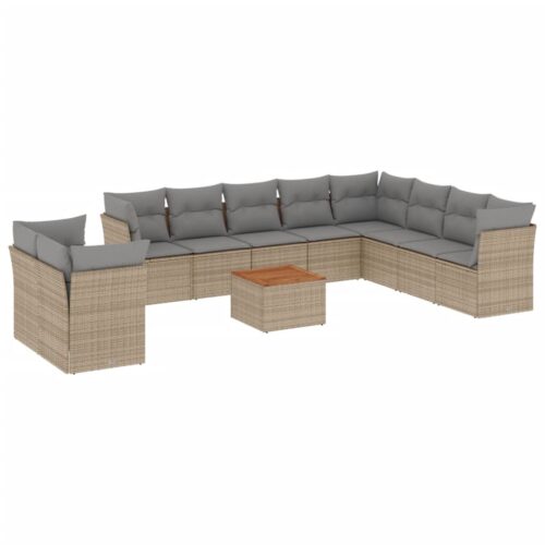 11-Piece Garden Sofa Set with Cushions Mix Beige Poly Rattan Wicker Outdoor Patio Furniture