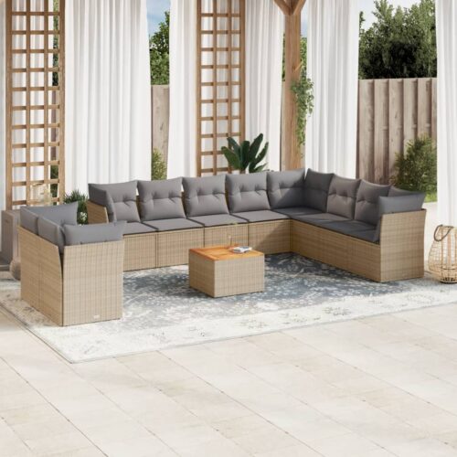 11-Piece Garden Sofa Set with Cushions Mix Beige Poly Rattan Wicker Outdoor Patio Furniture - Image 2