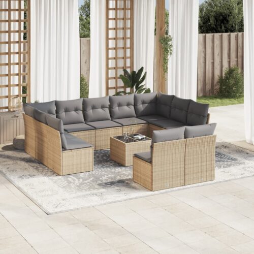 12-Piece Garden Sofa Set with Cushions Beige Poly Rattan Wicker Outdoor Patio Furniture - Image 2