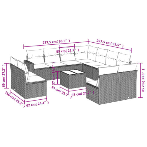 12-Piece Garden Sofa Set with Cushions Beige Poly Rattan Wicker Outdoor Patio Furniture - Image 3