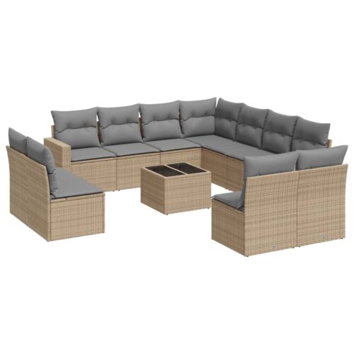12-Piece Garden Sofa Set with Cushions Beige Poly Rattan Wicker Outdoor Patio Furniture - Image 5