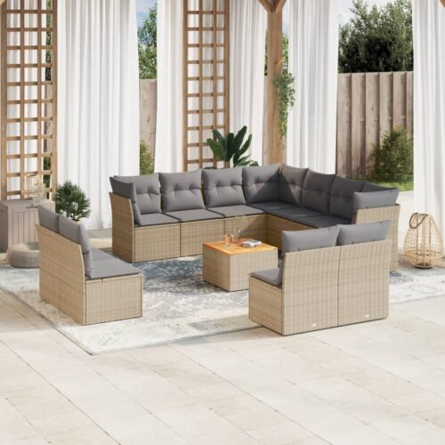 12-Piece Garden Sofa Set with Cushions Beige Poly Rattan Wicker Outdoor Patio Furniture - Image 2