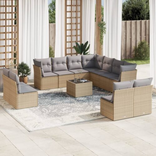 12-Piece Garden Sofa Set with Cushions Beige Poly Rattan Wicker Outdoor Patio Furniture - Image 2