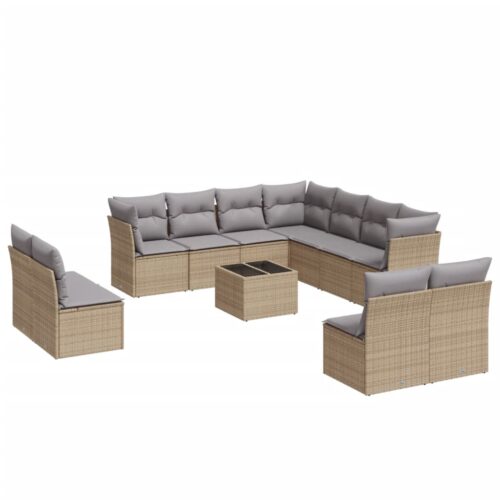 12-Piece Garden Sofa Set with Cushions Beige Poly Rattan Wicker Outdoor Patio Furniture - Image 5