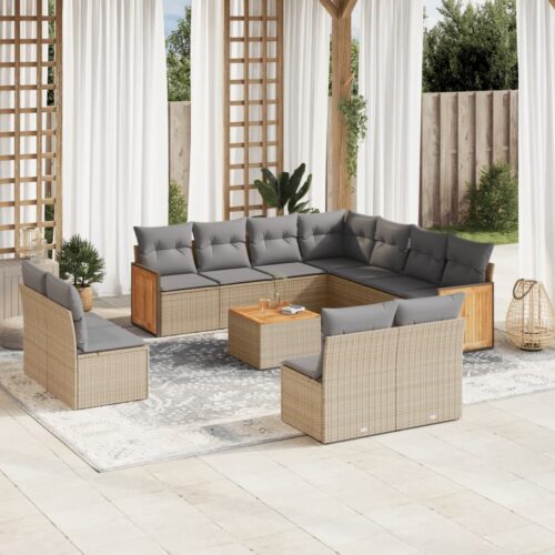 12-Piece Garden Sofa Set with Cushions Beige Poly Rattan Wicker Outdoor Patio Furniture - Image 2