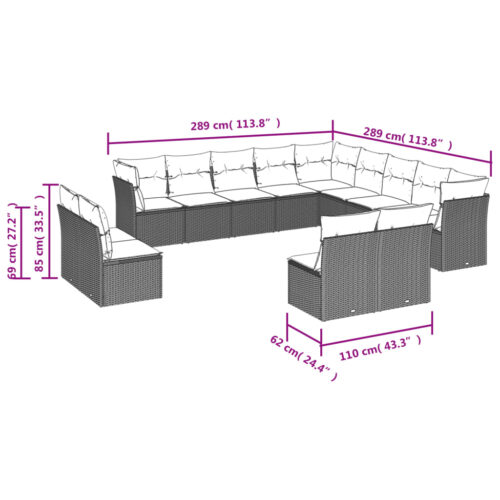 12-Piece Garden Sofa Set with Cushions Beige Poly Rattan Wicker Outdoor Patio Furniture - Image 3