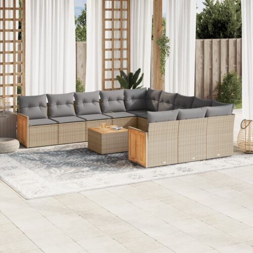 12-Piece Garden Sofa Set with Cushions Beige Poly Rattan Wicker Outdoor Patio Furniture - Image 2