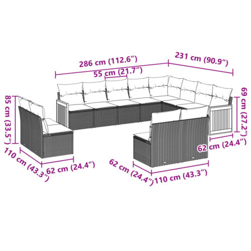 12-Piece Garden Sofa Set with Cushions Beige Poly Rattan Wicker Outdoor Patio Furniture - Image 7