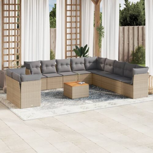 12-Piece Garden Sofa Set with Cushions Beige Poly Rattan Wicker Outdoor Patio Furniture - Image 2