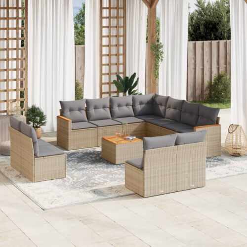 12-Piece Garden Sofa Set with Cushions Beige Poly Rattan Wicker Outdoor Patio Furniture - Image 2