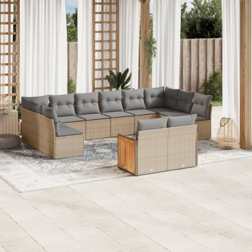 12-Piece Garden Sofa Set with Cushions Beige Poly Rattan Wicker Outdoor Patio Furniture - Image 2