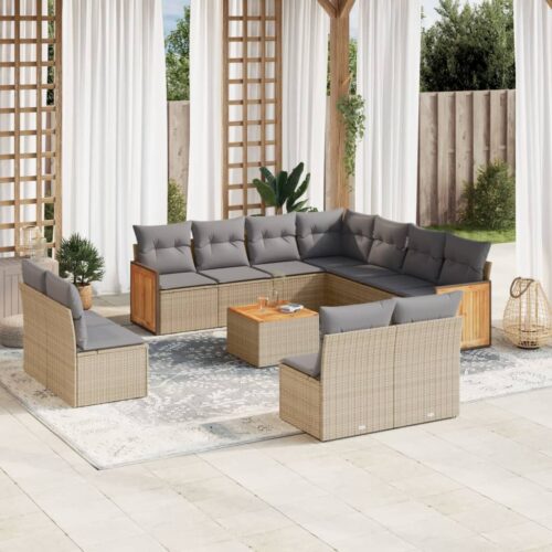 12-Piece Garden Sofa Set with Cushions Beige Poly Rattan Wicker Outdoor Patio Furniture - Image 2