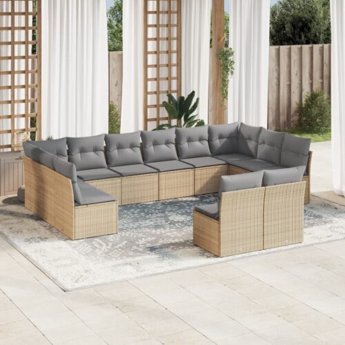 12-Piece Garden Sofa Set with Cushions Beige Poly Rattan Wicker Outdoor Patio Furniture - Image 2