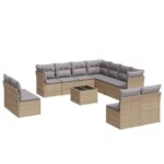 12-Piece Garden Sofa Set with Cushions Beige Poly Rattan Wicker Outdoor Patio Furniture