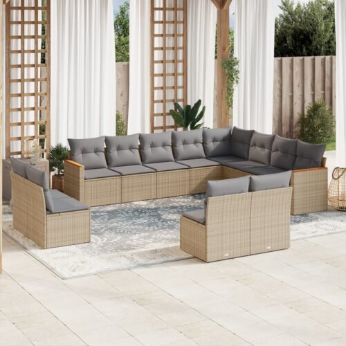 12-Piece Garden Sofa Set with Cushions Beige Poly Rattan Wicker Outdoor Patio Furniture - Image 2