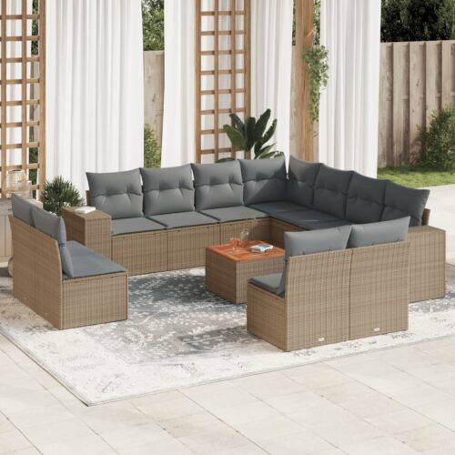 12-Piece Garden Sofa Set with Cushions Beige Poly Rattan Wicker Outdoor Patio Furniture - Image 2