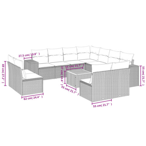 12-Piece Garden Sofa Set with Cushions Beige Poly Rattan Wicker Outdoor Patio Furniture - Image 3