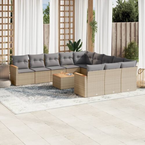 12-Piece Garden Sofa Set with Cushions Beige Poly Rattan Wicker Outdoor Patio Furniture - Image 2