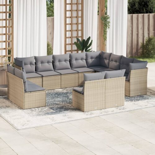 12-Piece Garden Sofa Set with Cushions Beige Poly Rattan Wicker Outdoor Patio Furniture - Image 2
