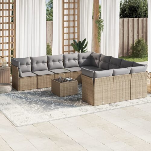 12-Piece Garden Sofa Set with Cushions Beige Poly Rattan Wicker Outdoor Patio Furniture - Image 2