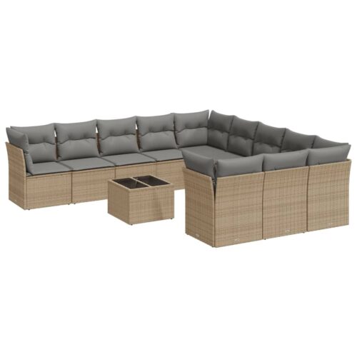 12-Piece Garden Sofa Set with Cushions Beige Poly Rattan Wicker Outdoor Patio Furniture - Image 5