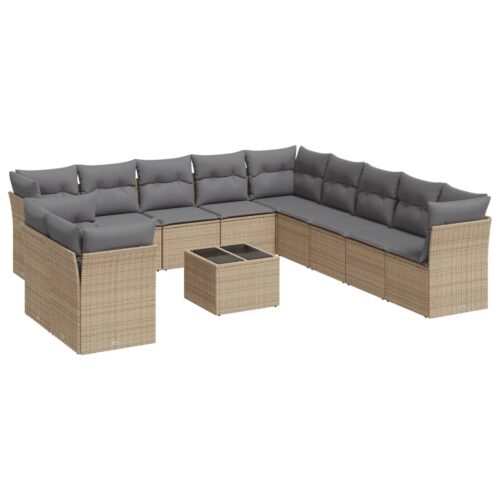12-Piece Garden Sofa Set with Cushions Beige Poly Rattan Wicker Outdoor Patio Furniture - Image 5