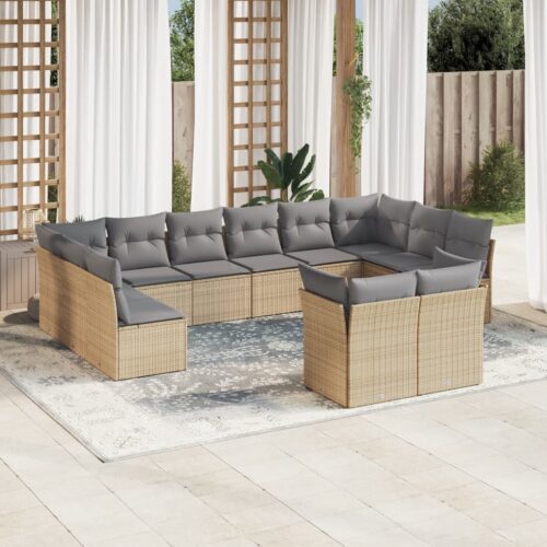 12-Piece Garden Sofa Set with Cushions Beige Poly Rattan Wicker Outdoor Patio Furniture - Image 2