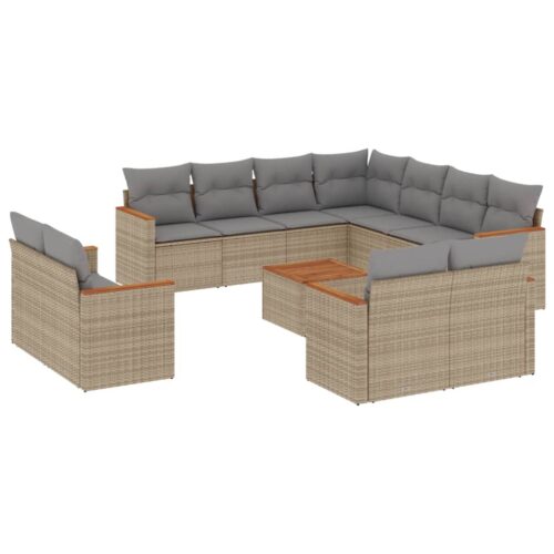 12-Piece Garden Sofa Set with Cushions Beige Poly Rattan Wicker Outdoor Patio Furniture