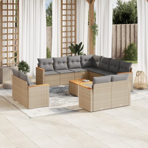 12-Piece Garden Sofa Set with Cushions Beige Poly Rattan Wicker Outdoor Patio Furniture - Image 2