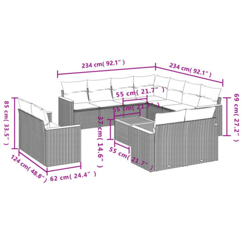 12-Piece Garden Sofa Set with Cushions Beige Poly Rattan Wicker Outdoor Patio Furniture - Image 3