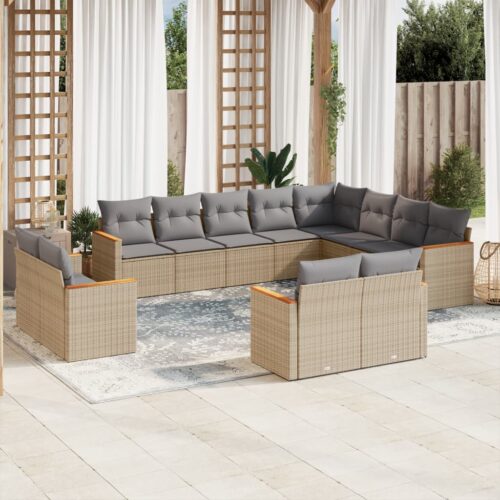 12-Piece Garden Sofa Set with Cushions Beige Poly Rattan Wicker Outdoor Patio Furniture - Image 2