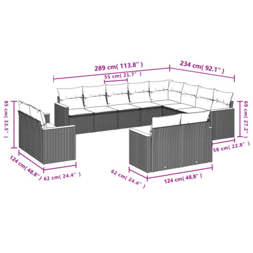 12-Piece Garden Sofa Set with Cushions Beige Poly Rattan Wicker Outdoor Patio Furniture - Image 3