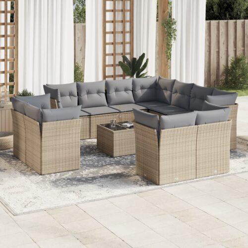 12-Piece Garden Sofa Set with Cushions Beige Poly Rattan Wicker Outdoor Patio Furniture - Image 2