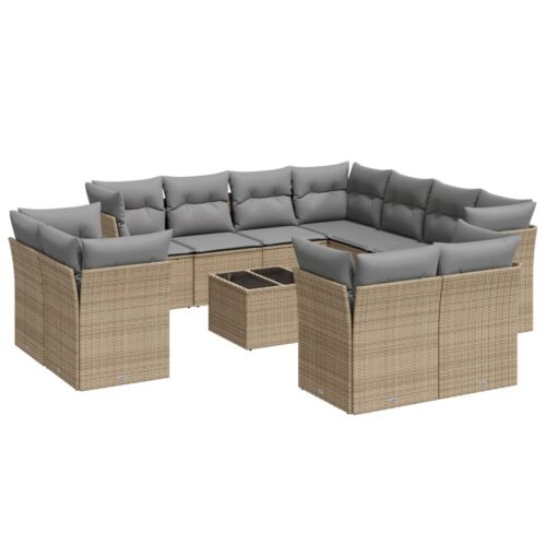 12-Piece Garden Sofa Set with Cushions Beige Poly Rattan Wicker Outdoor Patio Furniture - Image 5