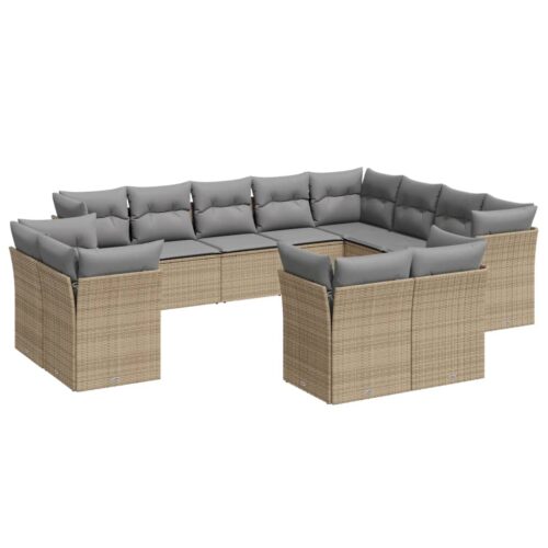 12-Piece Garden Sofa Set with Cushions Beige Poly Rattan Wicker Outdoor Patio Furniture