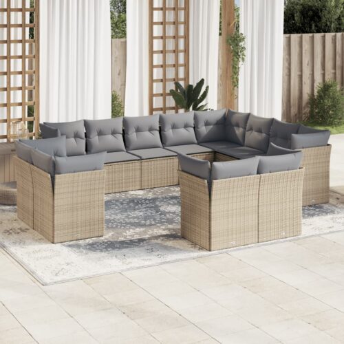 12-Piece Garden Sofa Set with Cushions Beige Poly Rattan Wicker Outdoor Patio Furniture - Image 2
