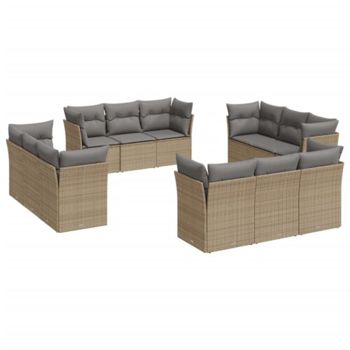 12-Piece Garden Sofa Set with Cushions Beige Poly Rattan Wicker Outdoor Patio Furniture