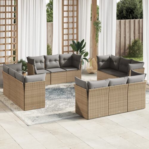 12-Piece Garden Sofa Set with Cushions Beige Poly Rattan Wicker Outdoor Patio Furniture - Image 2