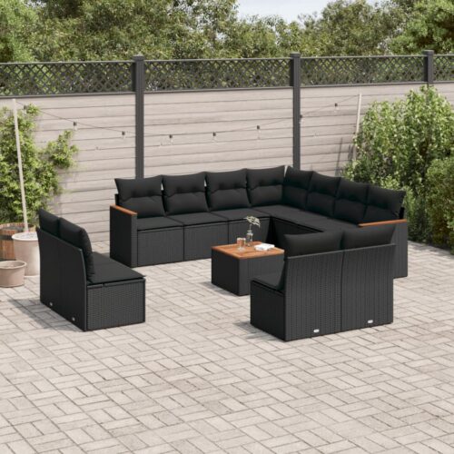12-Piece Garden Sofa Set with Cushions Black Poly Rattan Wicker Outdoor Patio Furniture - Image 2