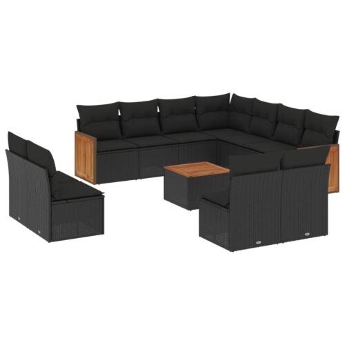 12-Piece Garden Sofa Set with Cushions Black Poly Rattan Wicker Outdoor Patio Furniture